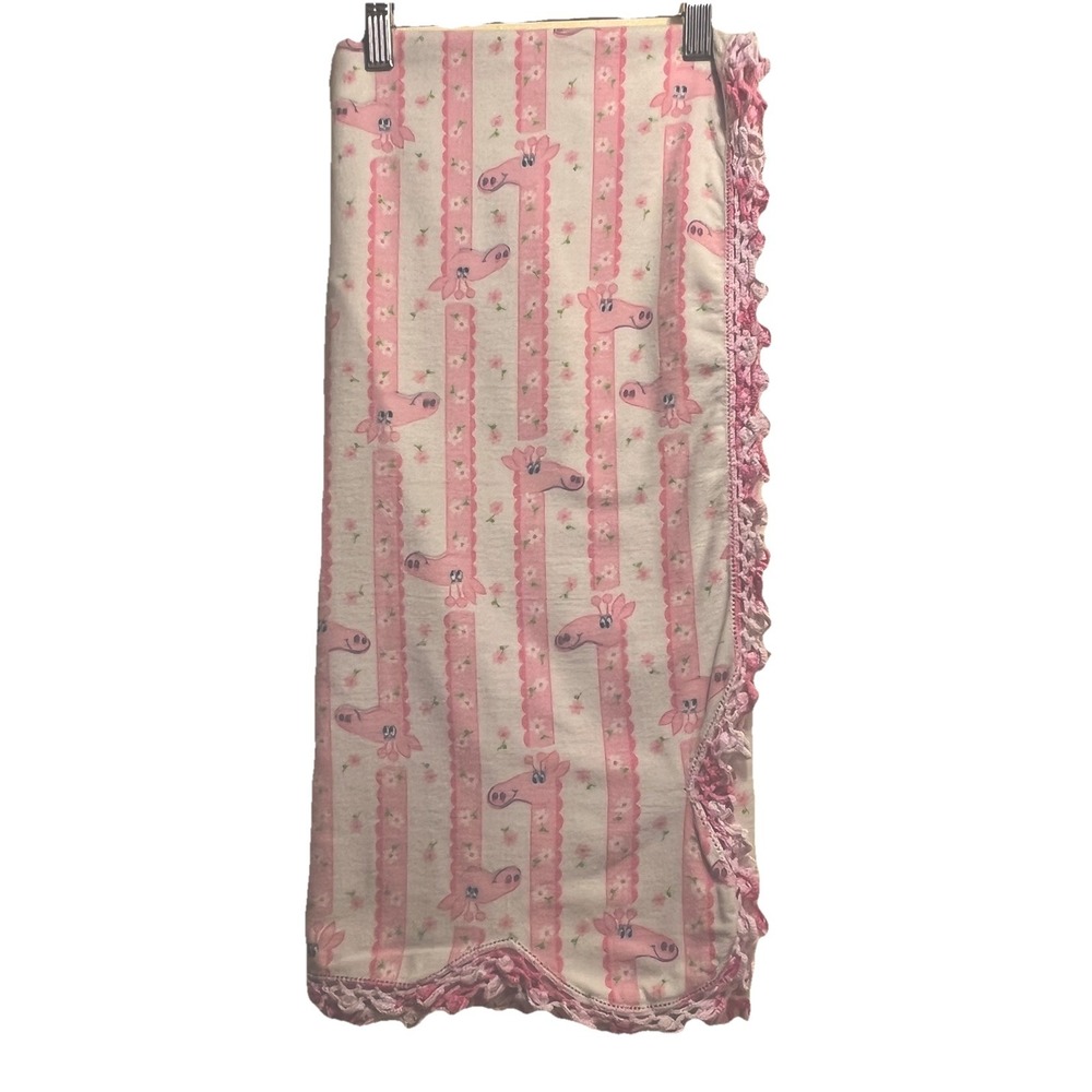 Baby Blanket Handmade Vtg Pink‎ Giraffe Floral Crochet Hem Cotton Blend 60s